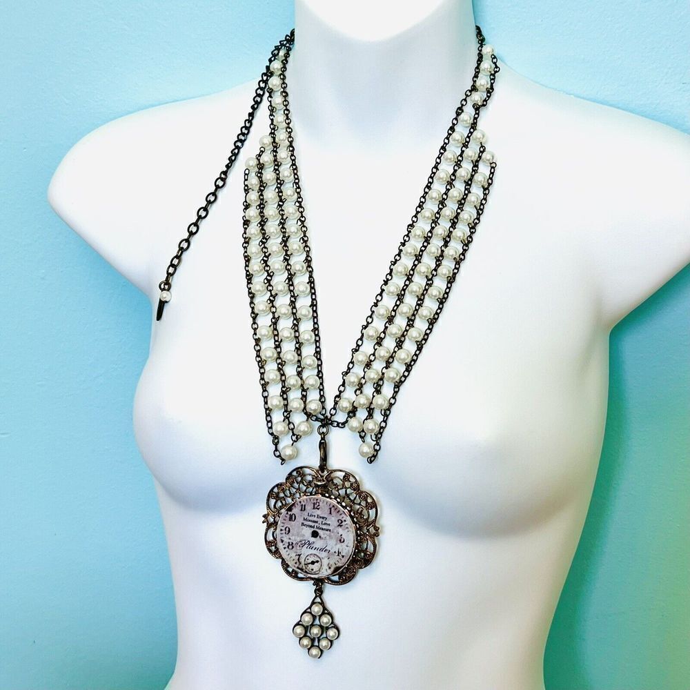 Chunky Bib Plunder PAXTON Pearl Time Piece Clock Statement Necklace OOAK 4519